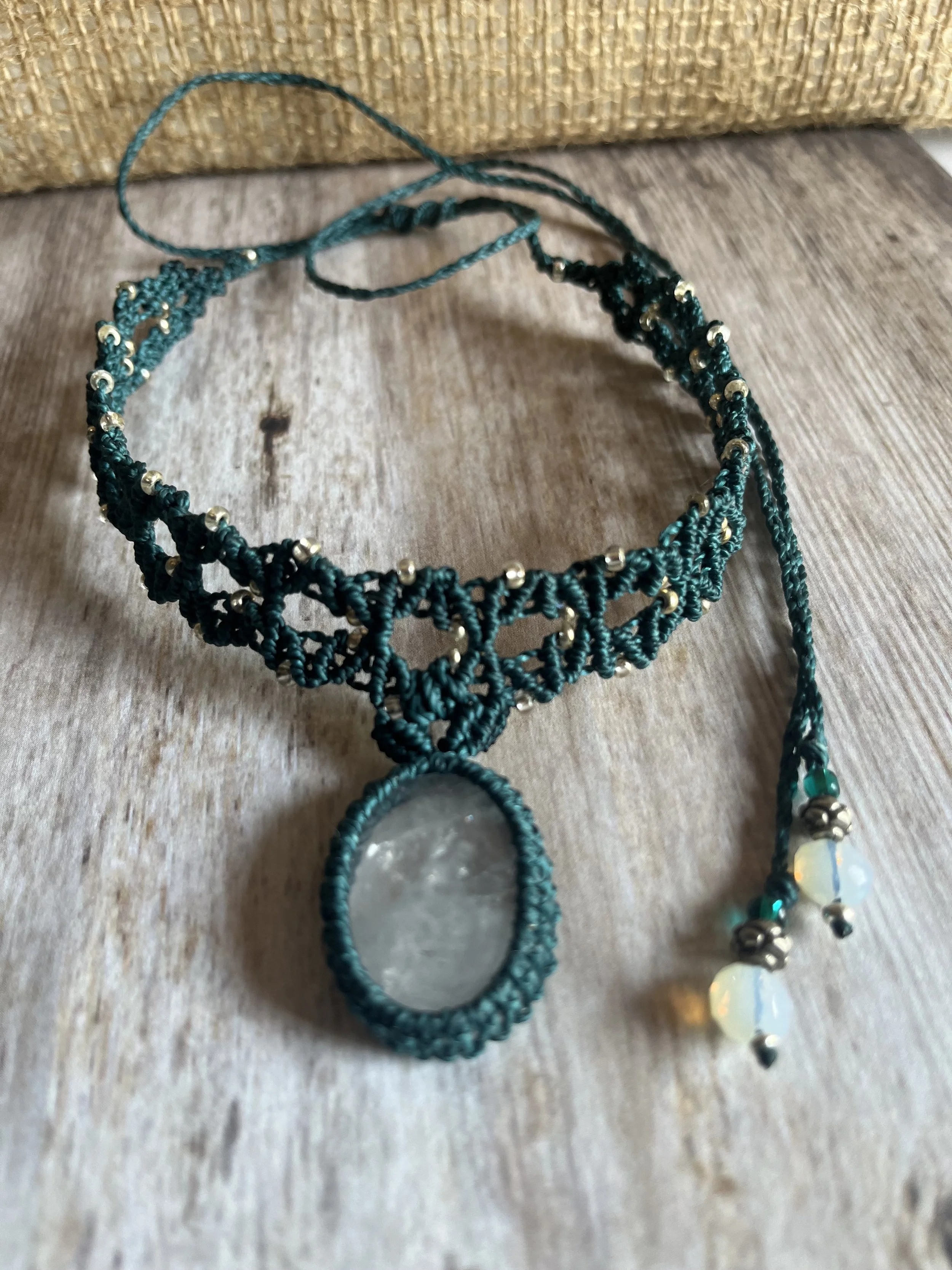 Teal Macrame Choker with White Quartz Cabochon — La Rosa Jewelry